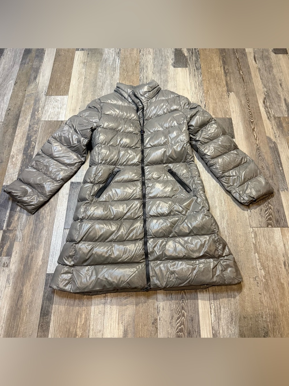 Moncler Girls Long Down Puffer Coat Gray Moka Hooded Size 10
